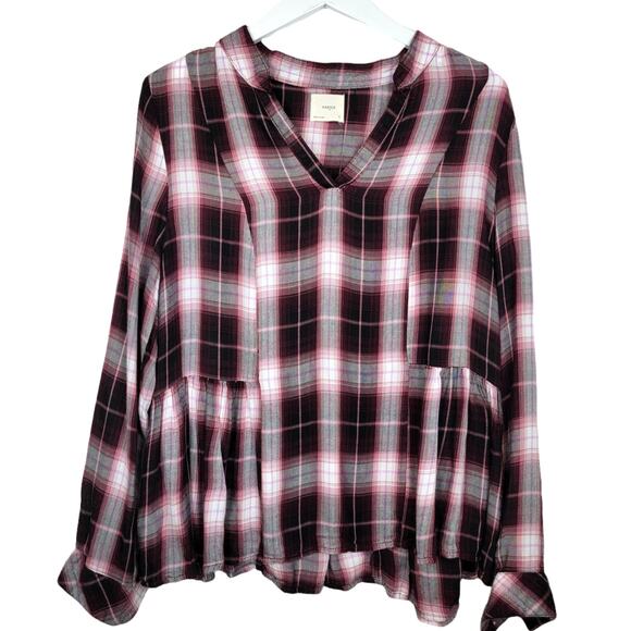 Harper Tops - Harper Plaid 100% Rayon V-neck Pullover Boho Tunic - Size L